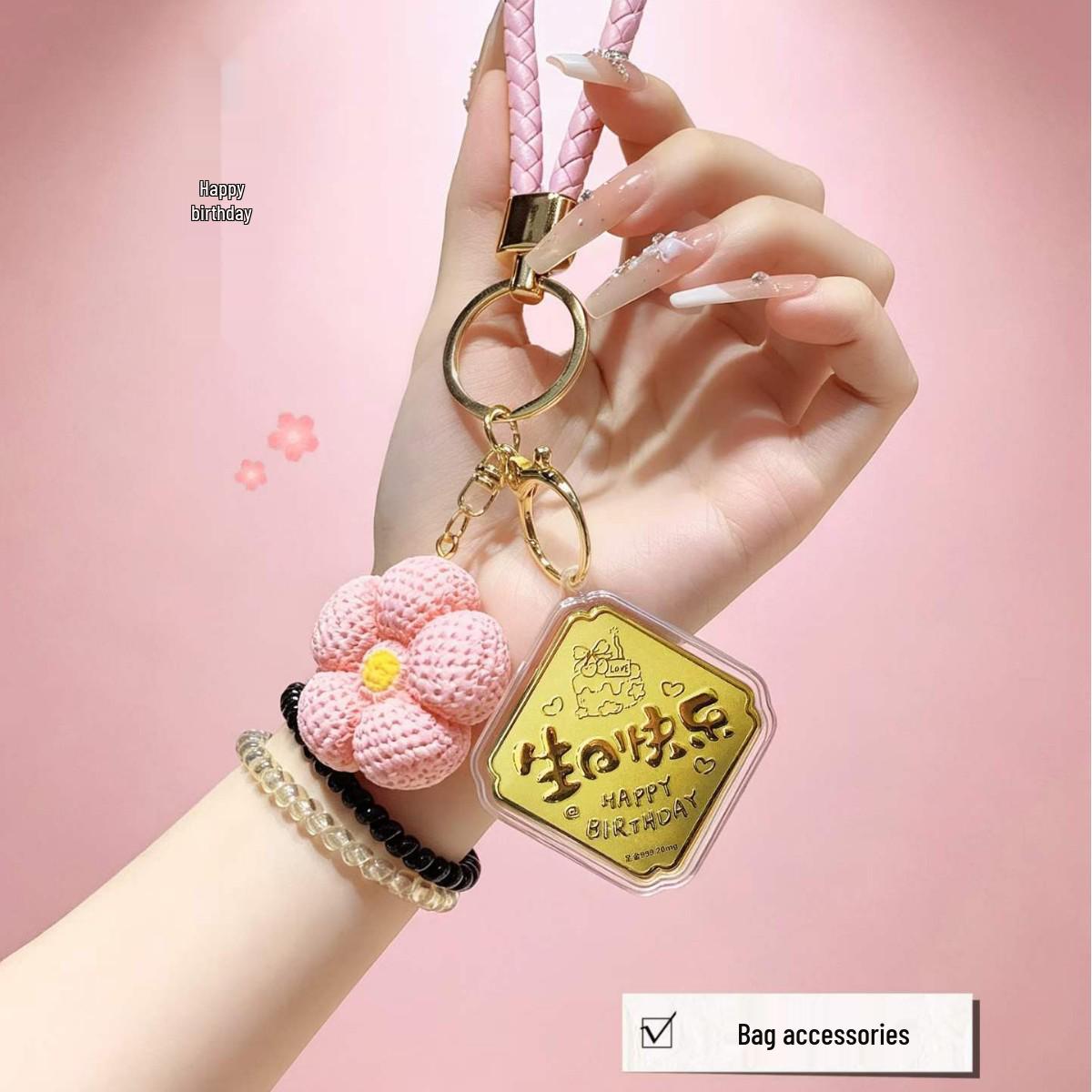 Shuibei 999 Pure Gold Keychain with Auspicious Words and Gold Coin - Golden Bag Charm Birthday Gift for Girlfriend