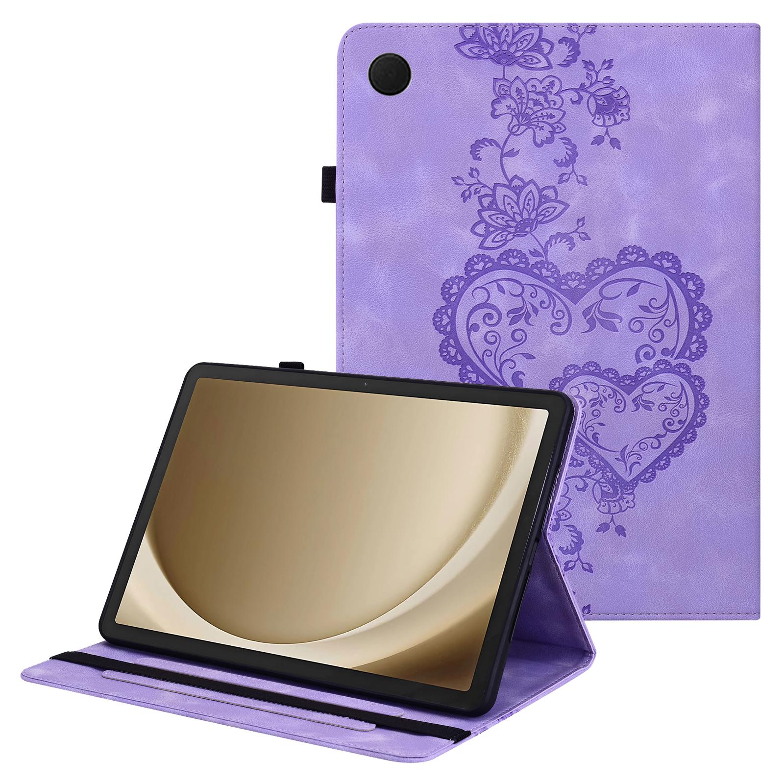 

For Samsung Galaxy Tab A9+ Leather Case Heart Imprint Foldable Stand Card Slot Stylus Holder Tablet Cover Purple