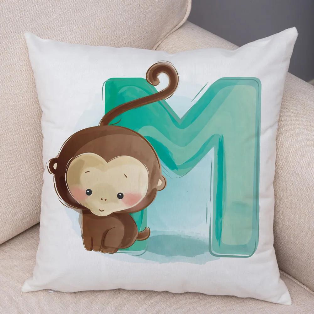 Cute Cartoon Animal Cushion Cover for Children Room Water Color English Letter Print Pillow Case Short Plush Pillowcase 45x45cm