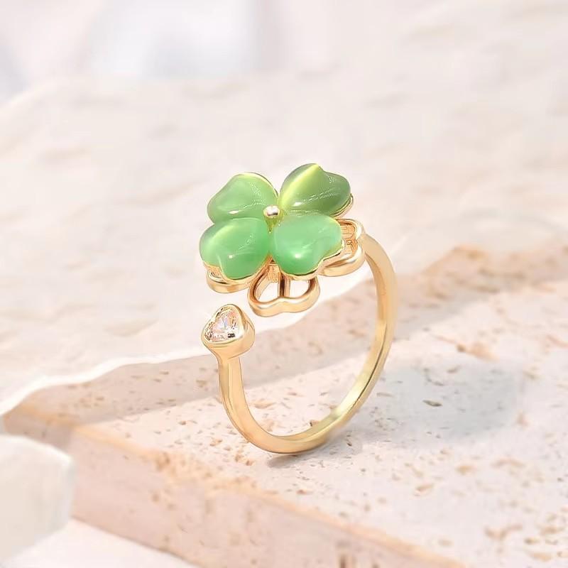 

Luxury Fashion Rotatable Four Leaf Heart Flower Rings for Women Stainless Steel Opal Choker Earring Jewelry Set Gift Colorfast resizable