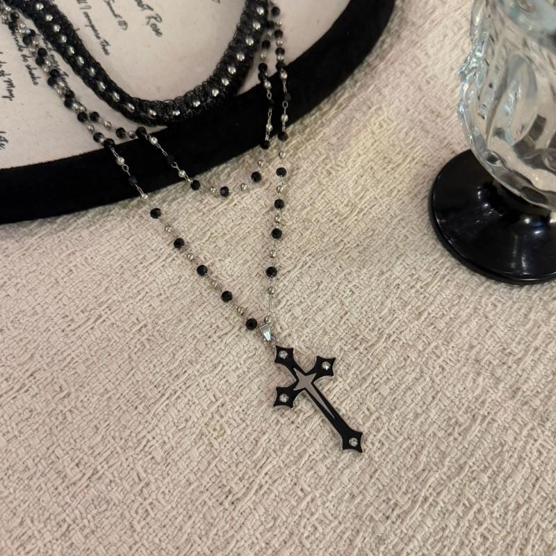Long Layered Punk Cross Pendant Necklace Women Y2K Gothic Chic Beaded Chain Alloy Charm On Resin 31-40cm Adjustable