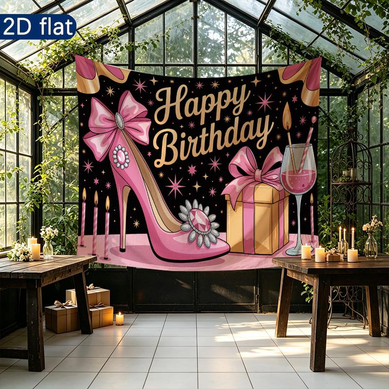 Party Banner Gifts Wine High Heel Birthday Backdrop, Polyester Wall Decor for Celebration & Photos