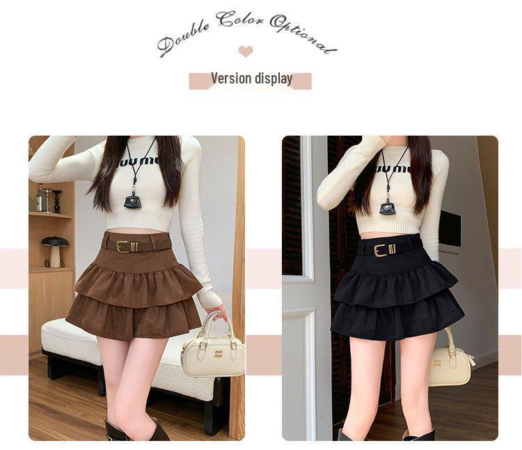 Air Layer Suede Plush High-Waisted Ruffle Short Skirt