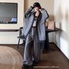 Korean version of fashion denim splicing suit women's spring and autumn new casual loose denim jacket wide-leg pants two-piece set