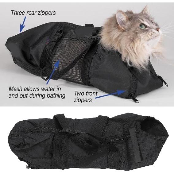 Cat Grooming Bag, Oxford Cloth Pet Bathing Restraint Bag with Front & Rear Zippers, Handles & Hanging Hook, 46x24cm Cat Restraint Bag for Bathing,