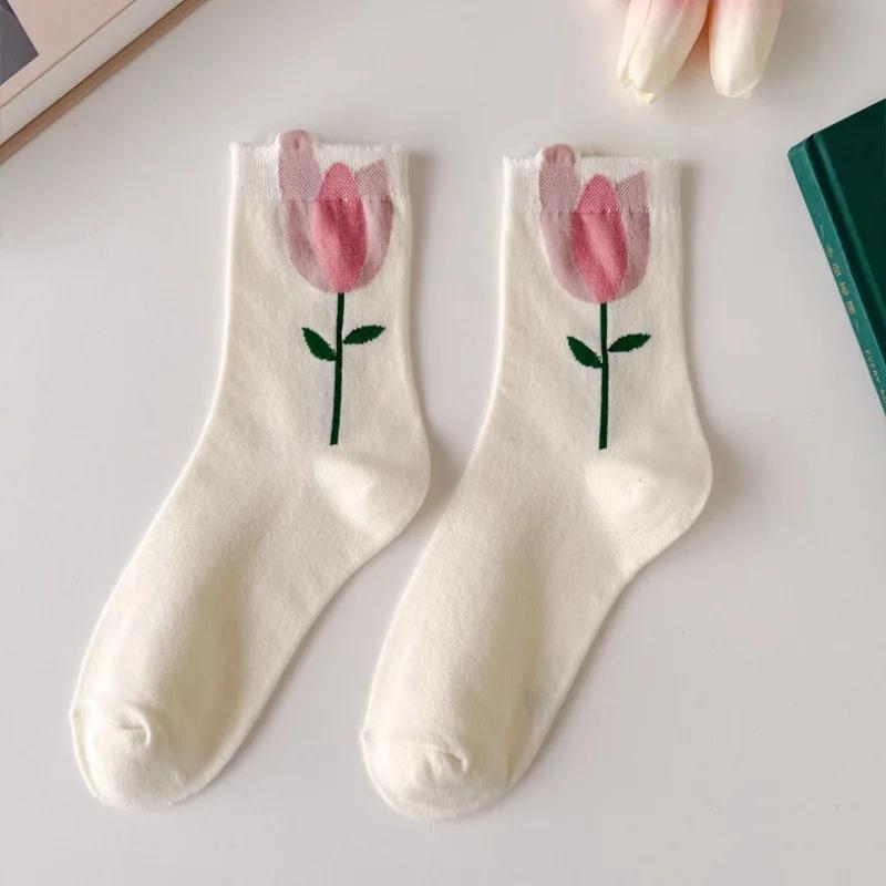 Women Socks Korean Japanese Style Cartoon Green Flower Harajuku Cute Kawaii Mid Tube Socks Breathable Casual Short  Cotton Socks