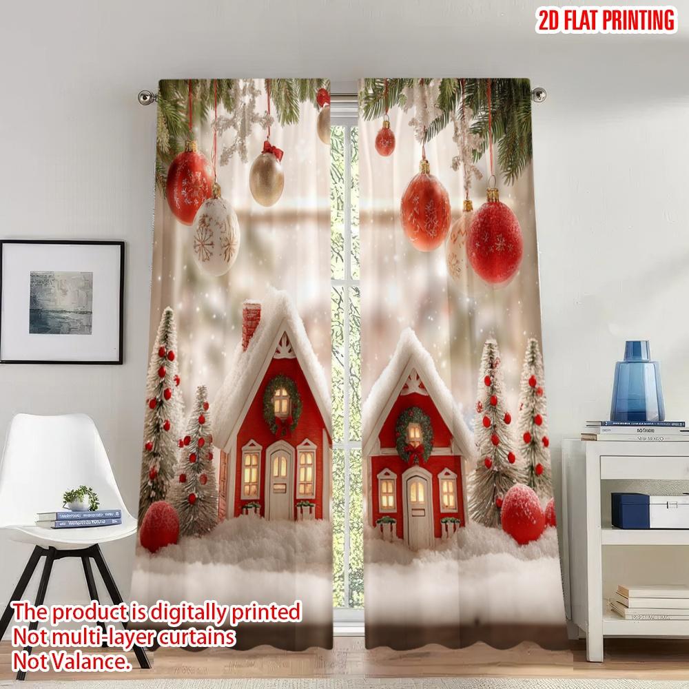 

Set Of 2 Flat Printing Christmas Curtains Village Snow Scene Digital Printed Polyester Drapes Festive Perfect Made W100*H70(CM)-Hooks&1PCS