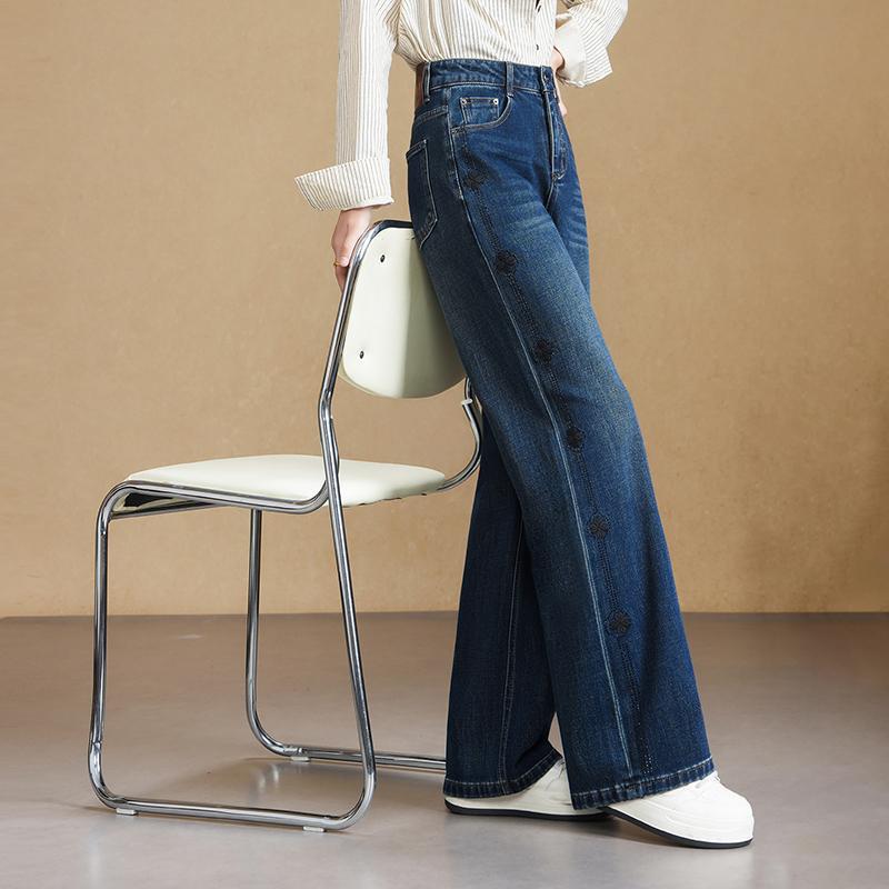 Retro blue embroidered wide-leg jeans women's autumn new high-waisted loose and thin commuter simple straight-leg pants