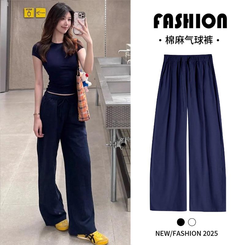 Cotton and linen wide-leg pants women's summer thin new small high waist loose drape casual linen pants