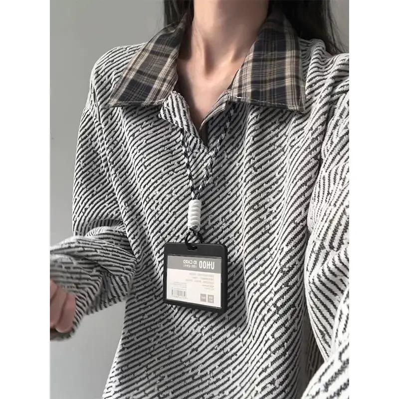 

Polyfiber 100% long-sleeved t-shirt bottoming shirt men s and women s thin autumn new coarse-woven striped loose POLO collar top 4