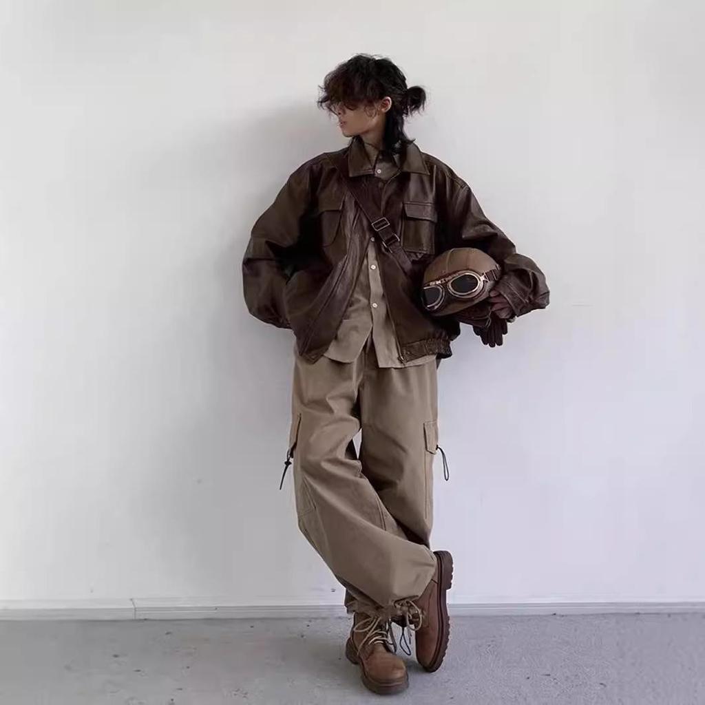 "Spring & Autumn Japanese Retro PU Motorcycle Leather Jacket for Boys & Girls - Classic Brown, Loose Fit, Unisex Casual Coat."