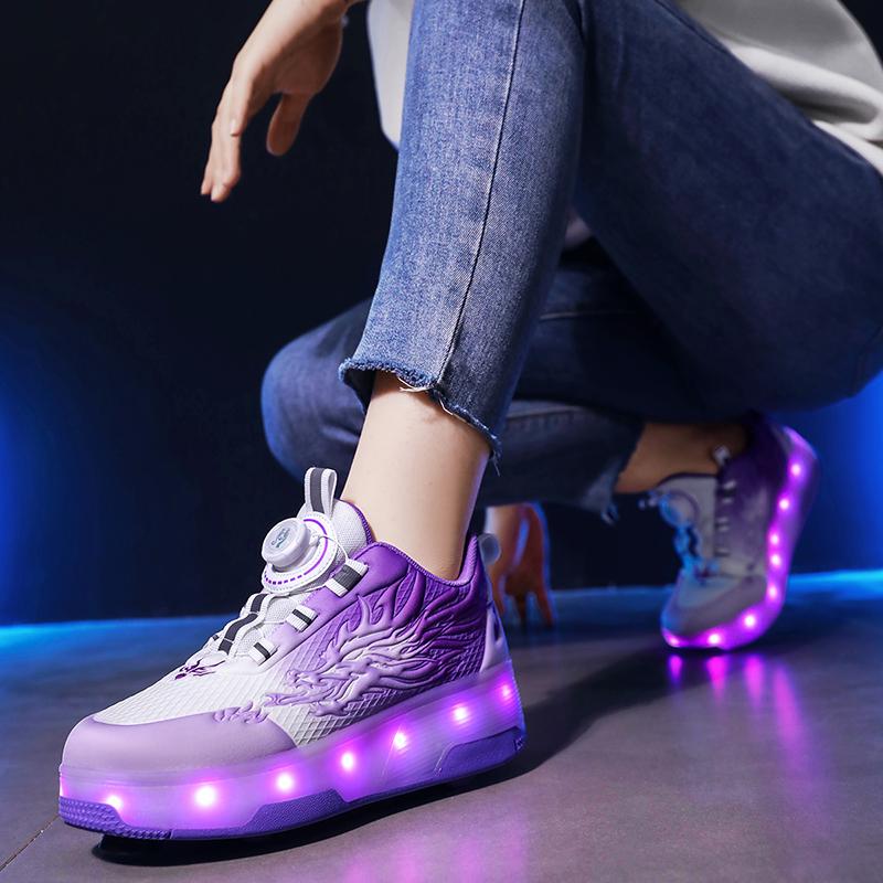 Children's Roller Skates Removable Flat Charging LED Four Wheels Glowing Sports Shoes Pink Women's Glowing Sneakers