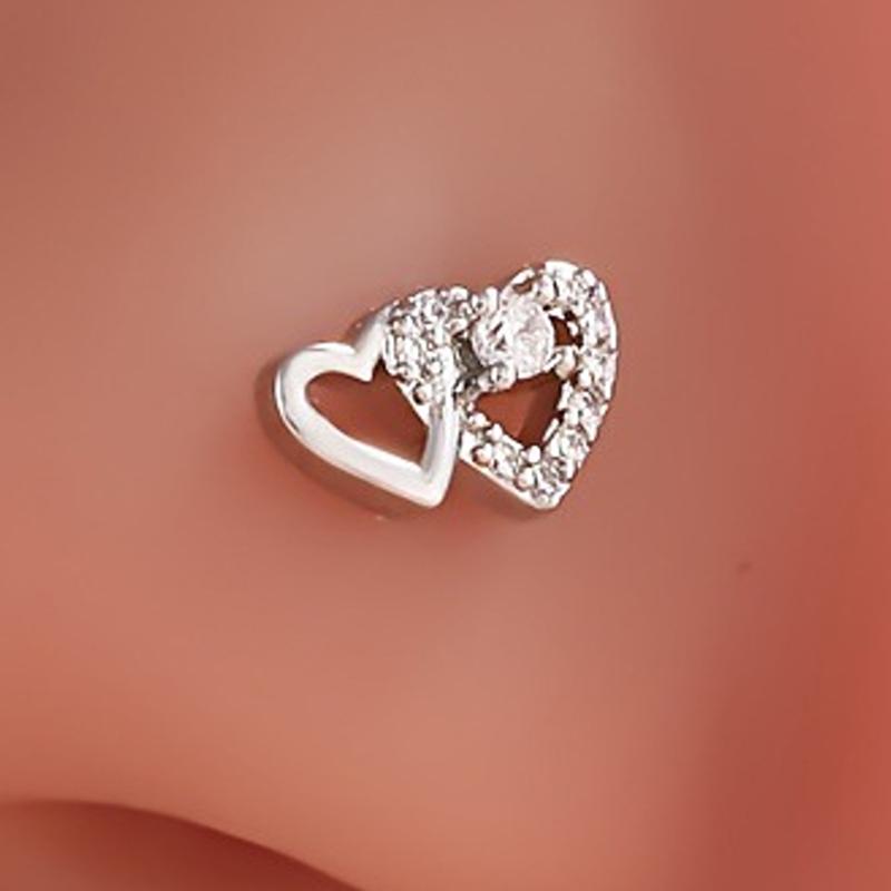 Modische L-förmige Nasensteckerringe Niedlicher glänzender Doppelherz-Nasenring für Frauen Mädchen Körperpiercing-Schmuck Vielseitiger Nasenring