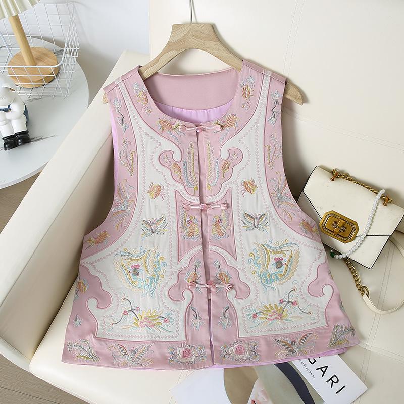 New Women s Spring Retro Chinese Embroidered Vest – High-End Round Neck Tank Top 3XL [135-155]