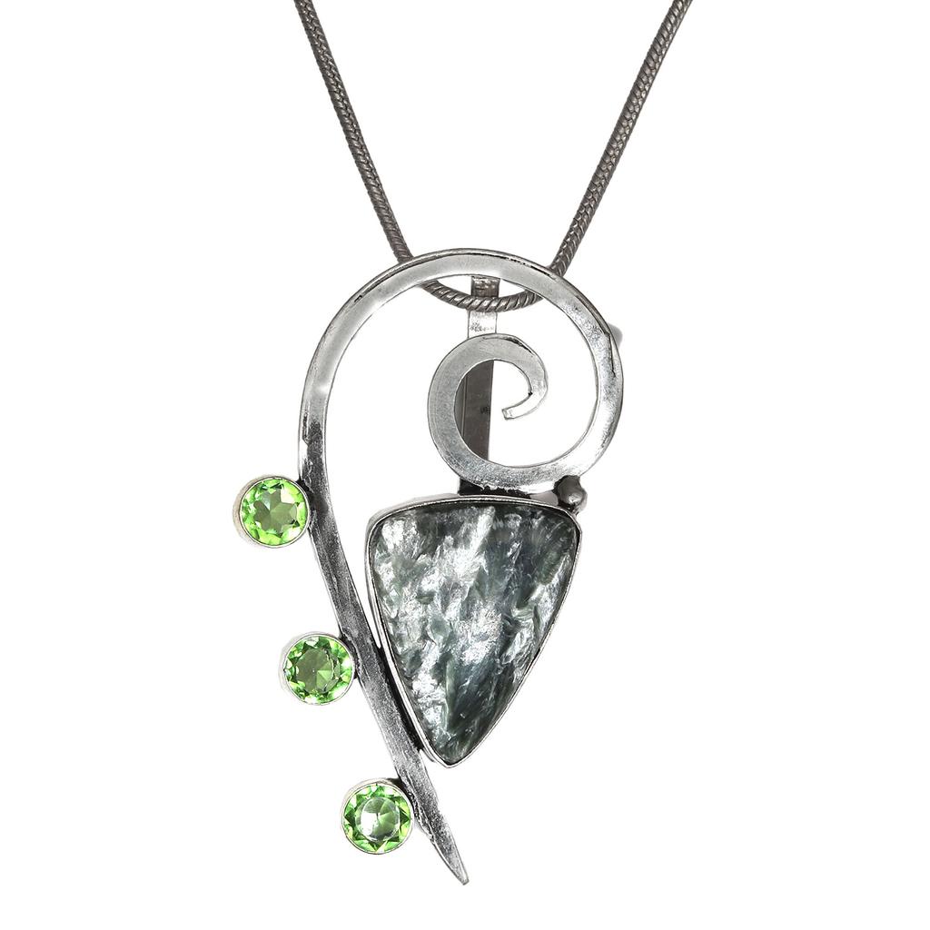 Seraphinite Peridot Gemstone Mother's Day Silver Jewelry Pendant  2.25"
