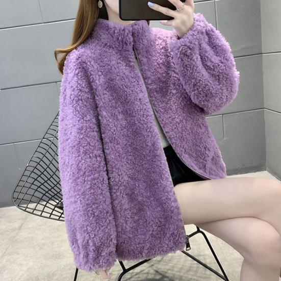 Winter Lady Coat Thickened Double-sided Faux Fleece Solid Color Stand Collar Neck Protection Letter Decor Long Sleeves Keep Warm Outdoor Travel Jacket