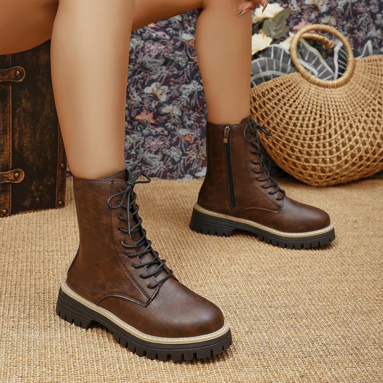 Athlefit Women s Lace-Up Boots Chunky Low Heel Lug Sole Booties 43 коричневый 2670₽