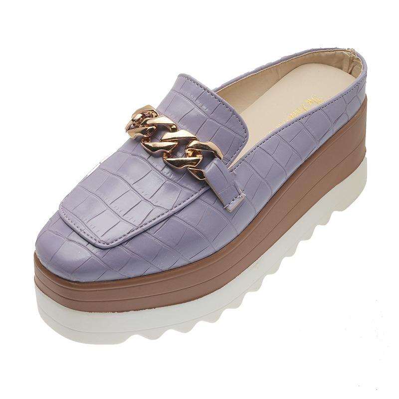 Women's Platform Mules Thick Soles Wedges Heel Fashion Slippers Casual British Leather Shoes 7cm High Heels Clogs Flatform Shoes