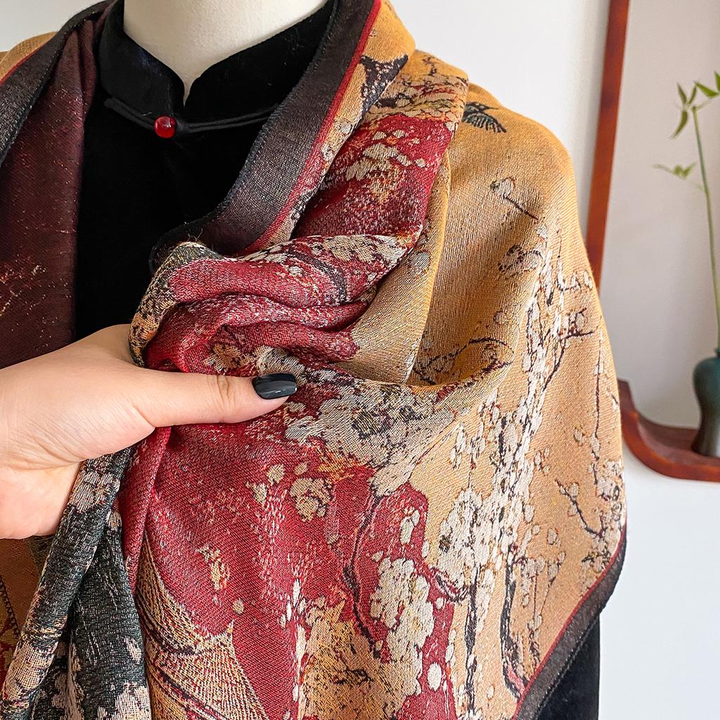Chinese Style Landscape Painting Women Scarf Soft Warm Pashmina Shawl Winter Outdoor Coldproof Windproof Blanket Scarf