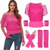 Women 80s 90s Neon Party Outfit Sexy Fishnet One Shoulder T-Shirt Gloves Cuffs