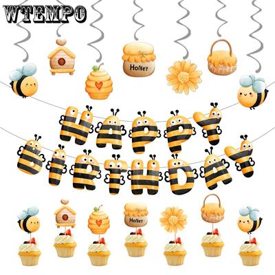 Frühlings Bienen-Motto Geburtstagsfeier Dekoration Geburtstagsflagge Spiralanhänger Honigkuchen Kleine Einstecker