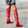 Western Women's Knee High Boots Sexy Embroidery Cowboy Cowgrils Boots Wedges Heel Red Party Winter Shoes Ladies Large Size 46