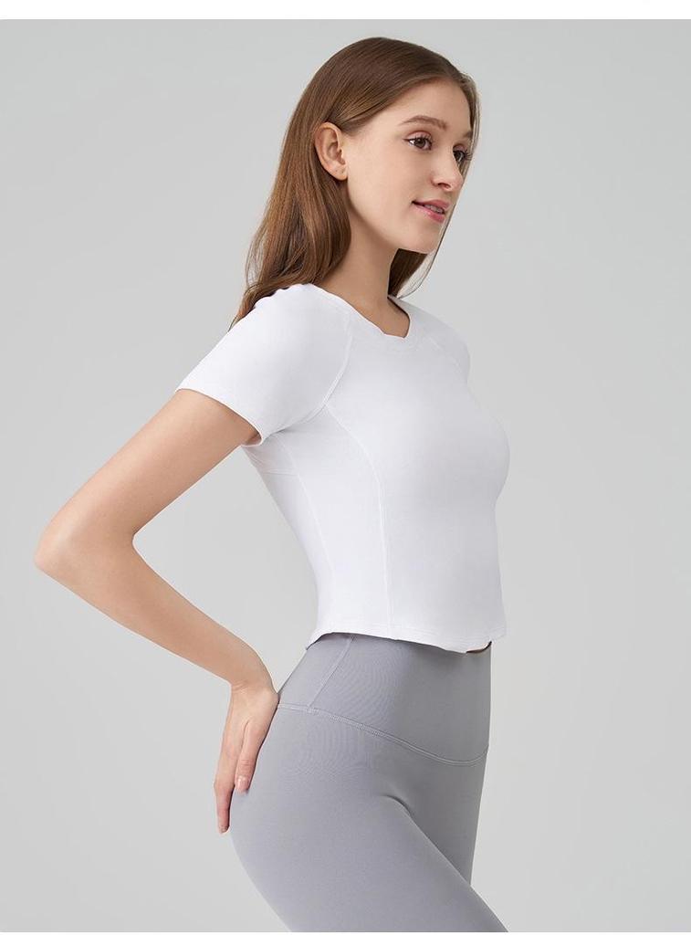 SNU Women's Slimming Yoga Top - Nude Feel, Round Neck, Waist-Cinched, Breathable, Short Sleeve, Versatile Fitness T-Shirt