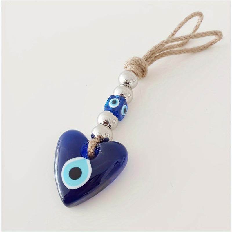 Handmade Heart Shaped Blue Evil Eye Pendant Turkish Blue Glass Ornament with Silver Beads Unique Home Decor Bag Car And Wall Decoration