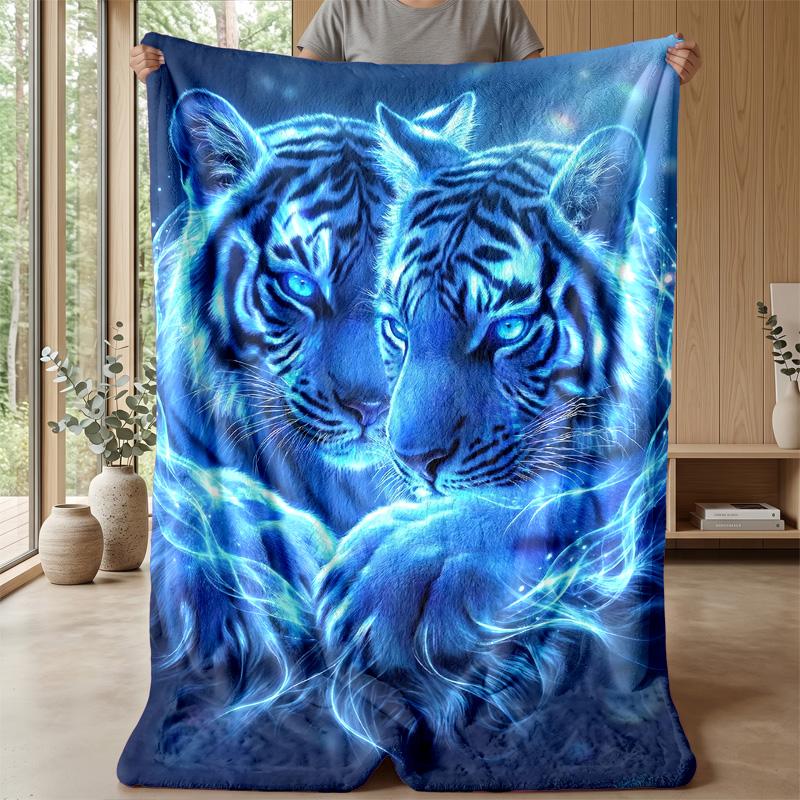 Blue Tiger Ocean Wave Blanket Personalized Name Flannel Blanket Soft Cozy Plush Throw for Sofa Bed Lightweight Home Decor