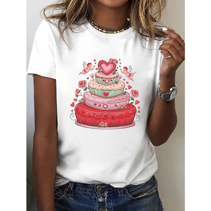 

European Size Women S Valentine S Day Heart Cake Print T-Shirt | Short Sleeve Round Neck Casual Top, Heart Cake and Layered Frosting Design S белый