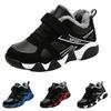 Winter Fleece Lined Kids Running Shoes Lightweight Breathable Athletic Sneakers with Hook and Loop Closure for Elementary School Children