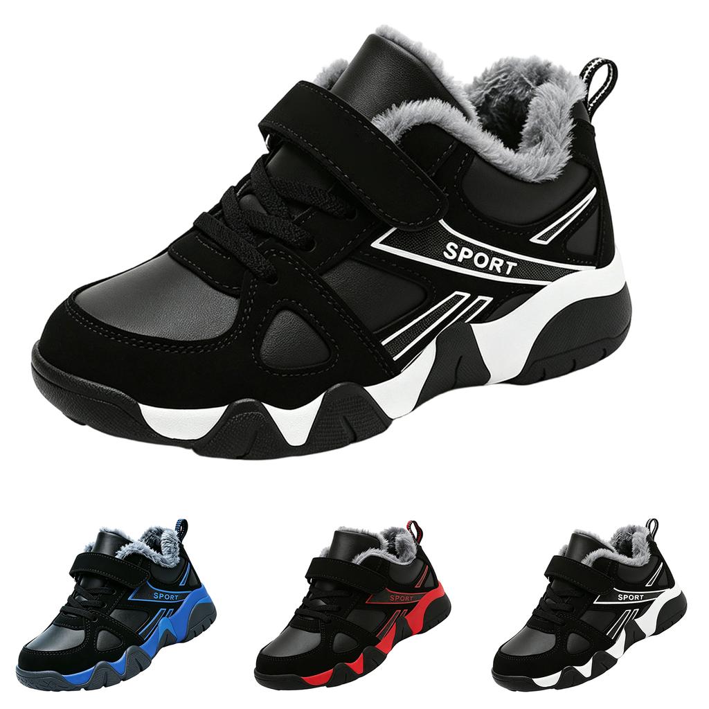 Winter Fleece Lined Kids Running Shoes Lightweight Breathable Athletic Sneakers with Hook and Loop Closure for Elementary School Children