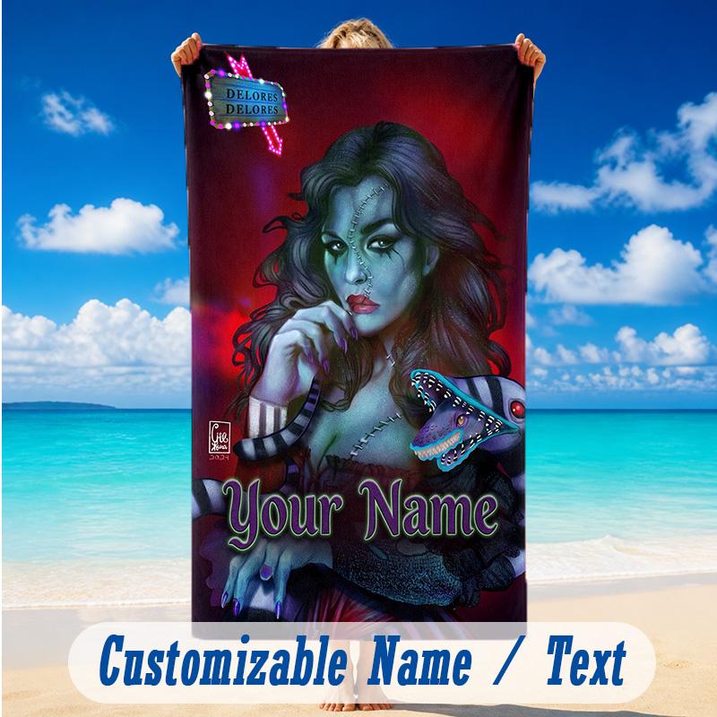 Beach Towel Custom Name Text, Quick Dry Large Towel For Beach HomeBeetlejuice Lydia Deetz