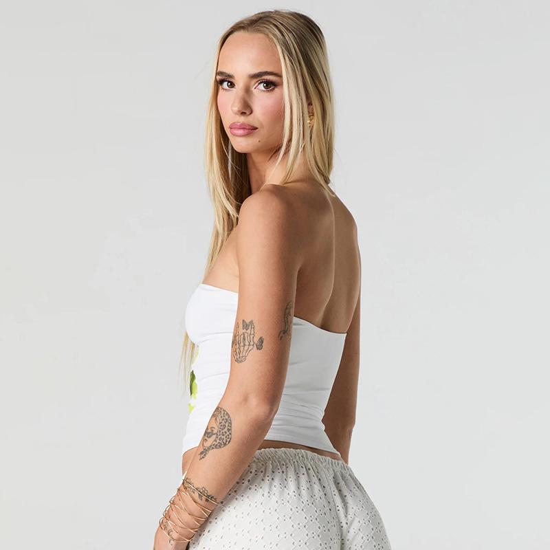 European & American Women's Floral Print Bandeau Top - Summer/Autumn, Sexy, Waist-Cinched, Cropped.