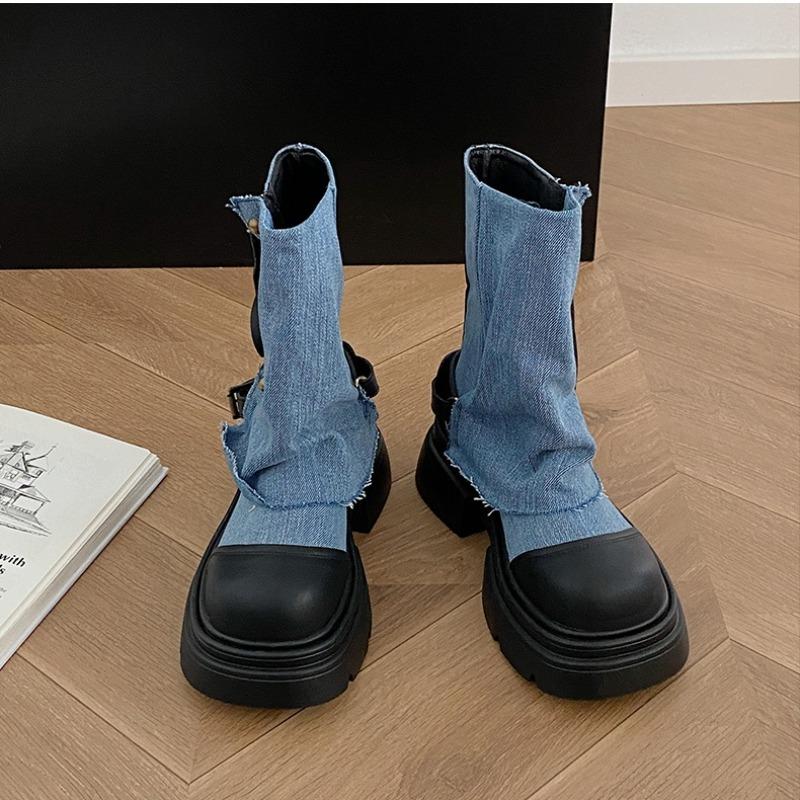 

Women s Fashion Black Platform Martin Boots Chunky Heel Ankle Boots Summer New Style with Skirts Combat Boots Lace Up 40 синий