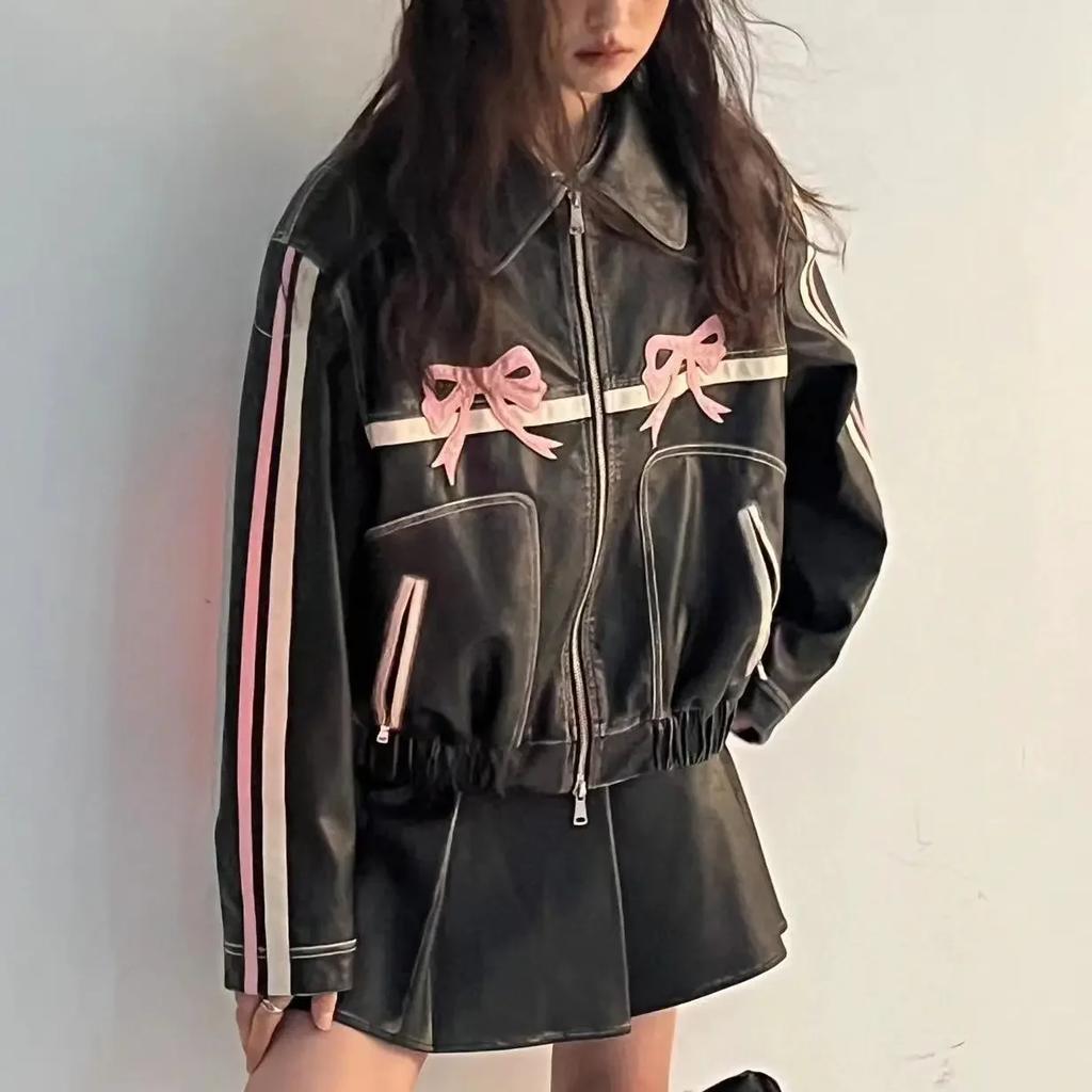 Harajuku Styl Dámská Bunda Street Wear Retro Oversized Outdoorové Oblečení Oblečení Móda Mašle Ležérní PU Bunda