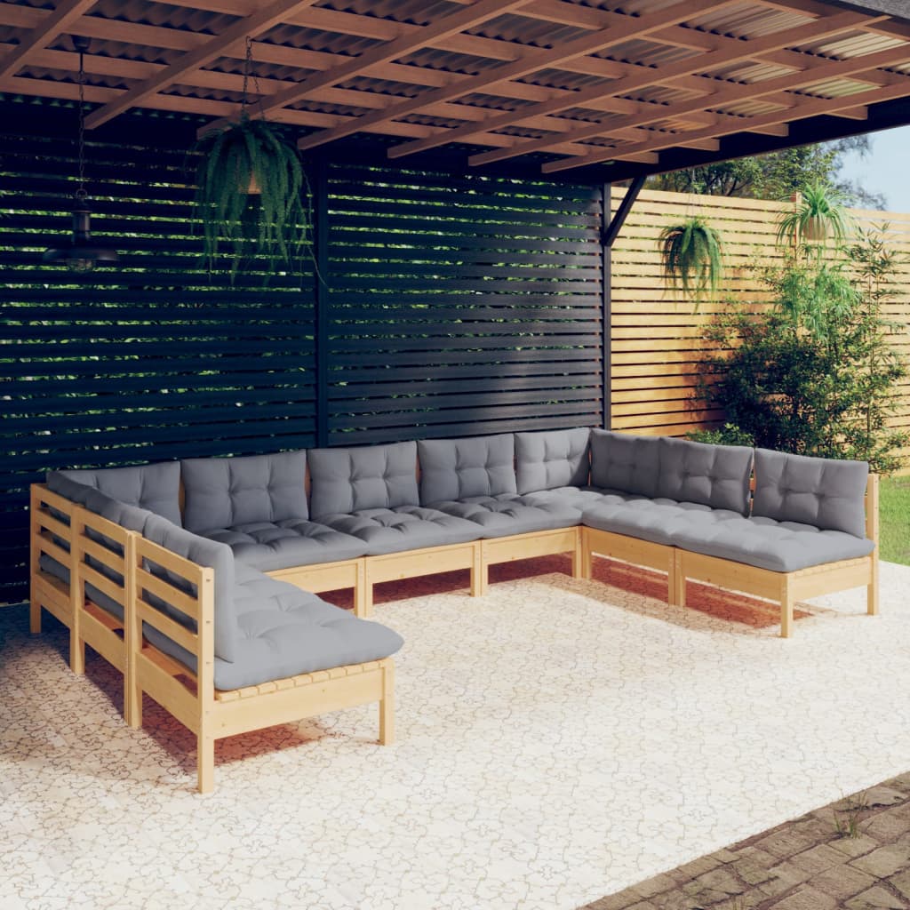 Vidaxl 9-Cz. Garten-Sitzgruppe, Graue Kissen, Kiefernholz