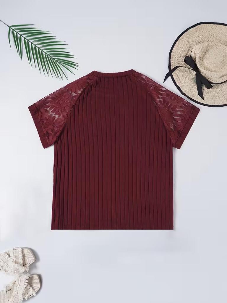 Frühling/Sommer 2026 Damen Übergröße V-Ausschnitt Spitzen-Patchwork Kurzarm-Top
