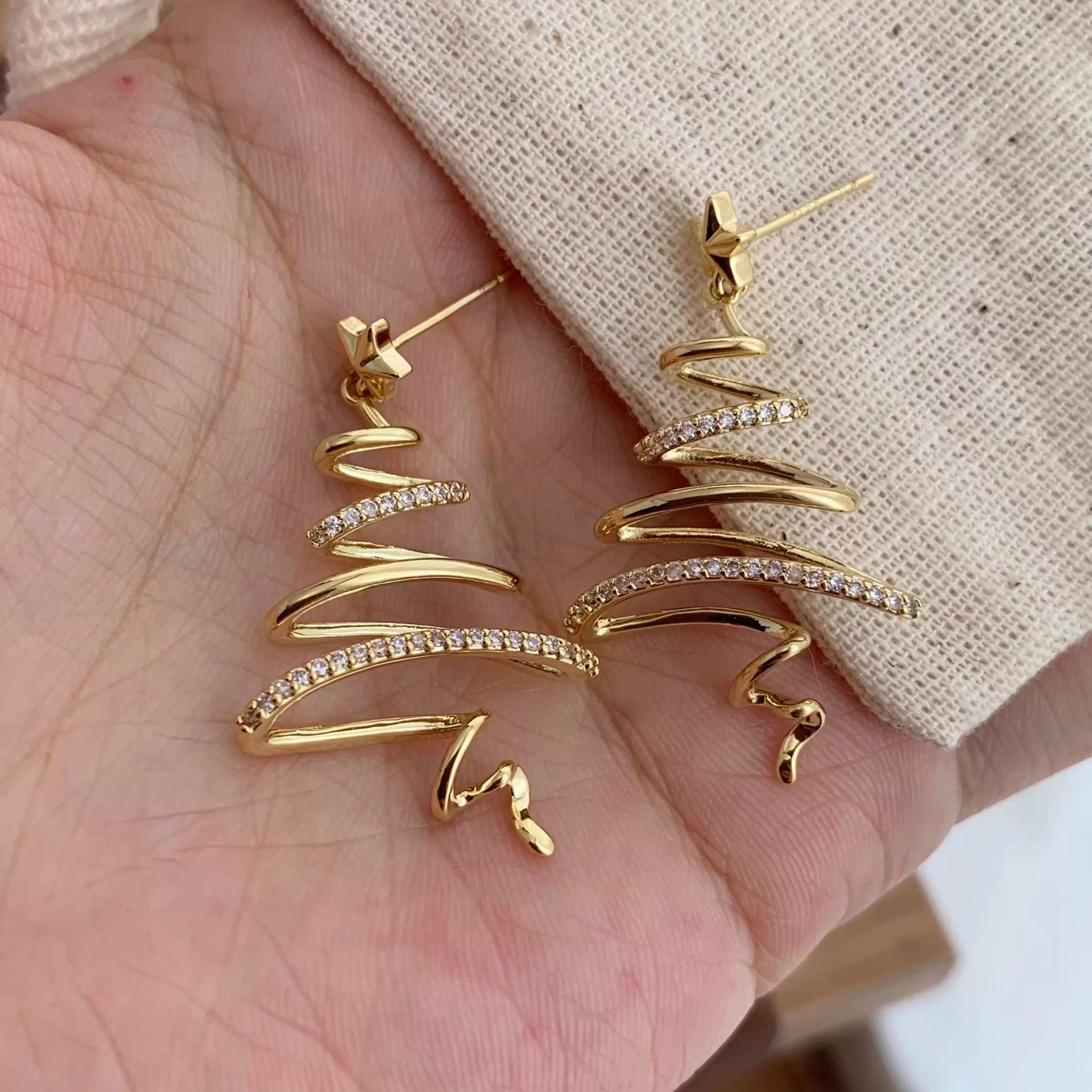 Exquisite Gold-Plated Zircon Christmas Tree Stud Earrings for Women - High-End and Versatile Design