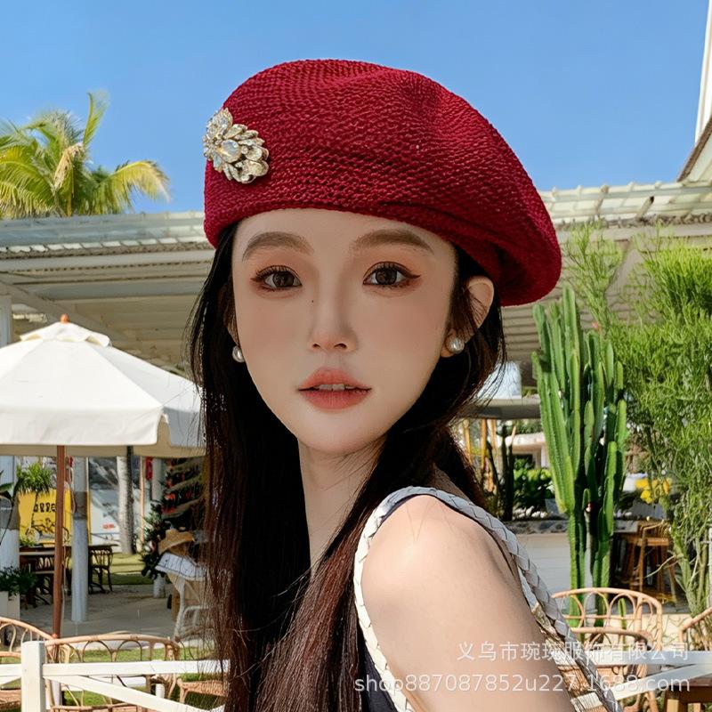 Spring and summer new fashion heavy industry rhinestone cap women's outdoor versatile light luxury handmade full of diamonds thin newsboy hat