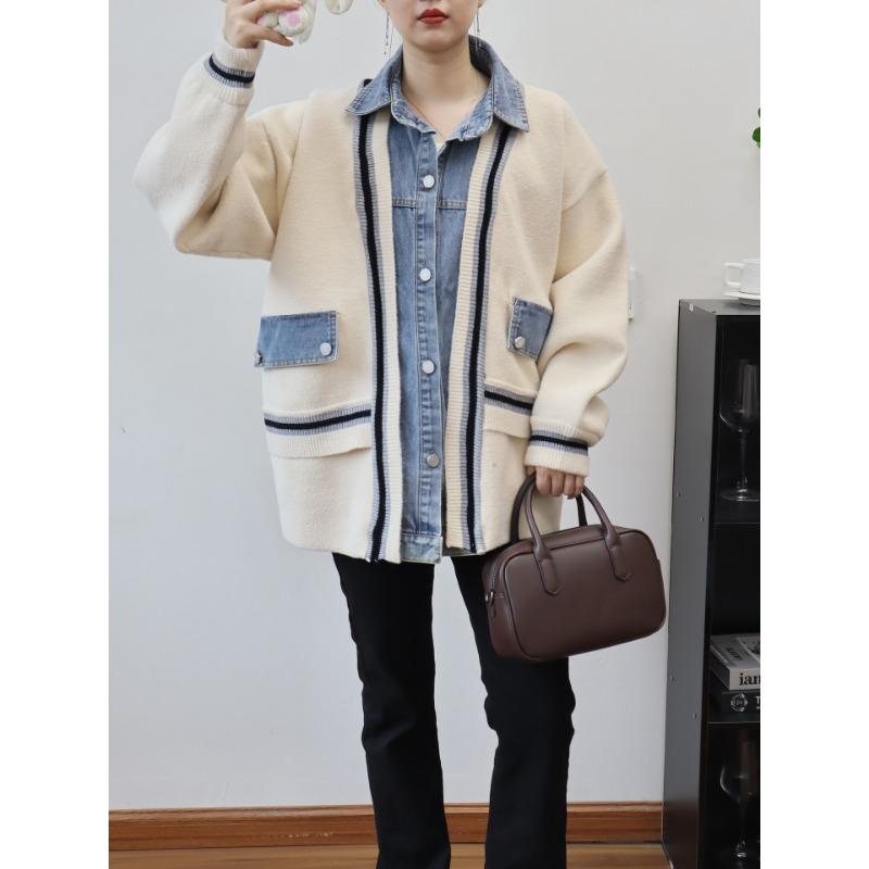 

Осень и зима новый средней длины и длинный комбинированный джинсовый вязаный двусторонний кардиган свободного дизайна свитер куртка женский one size fits all абрикосовый