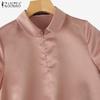 ZANZEA Women Summer Casual Doll Collar Short Sleeve Satin Blouse