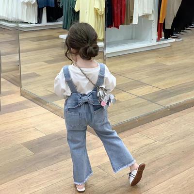 2023 Spring Girls' Fashionable Korean Denim Overalls with White T-Shirt