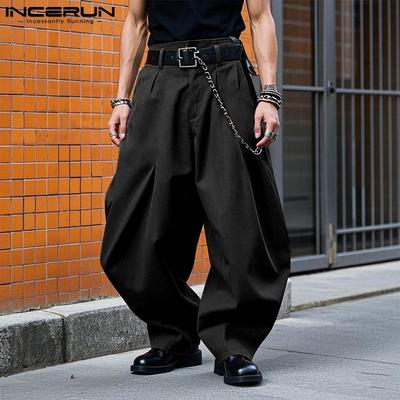 Men High Waist Zipper Button Up Loose Casual Baggy Pants Long Trousers