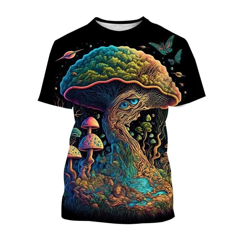 Psychedelic Mushroom Graphic T-Shirt Men Forest Plants 3D Print T Shirts Fashion Casual Round Neck Short Sleeve Unisex Tops Tees