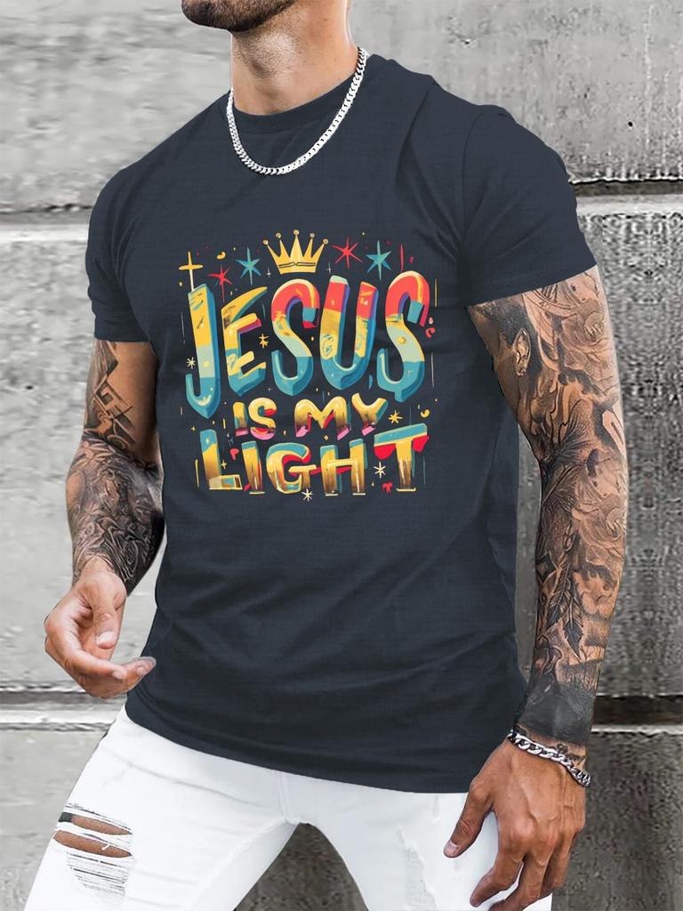 Mens Jesus is My Light GraffitiStyle TShirt  Casual Crew Neck Short Sleeve Polyester Machine Washable