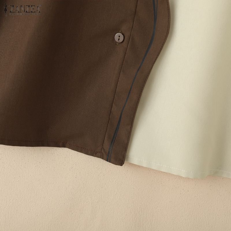 ZANZEA Damen Lässig Umlegekragen Sommer Kurzarm Patchwork Bluse