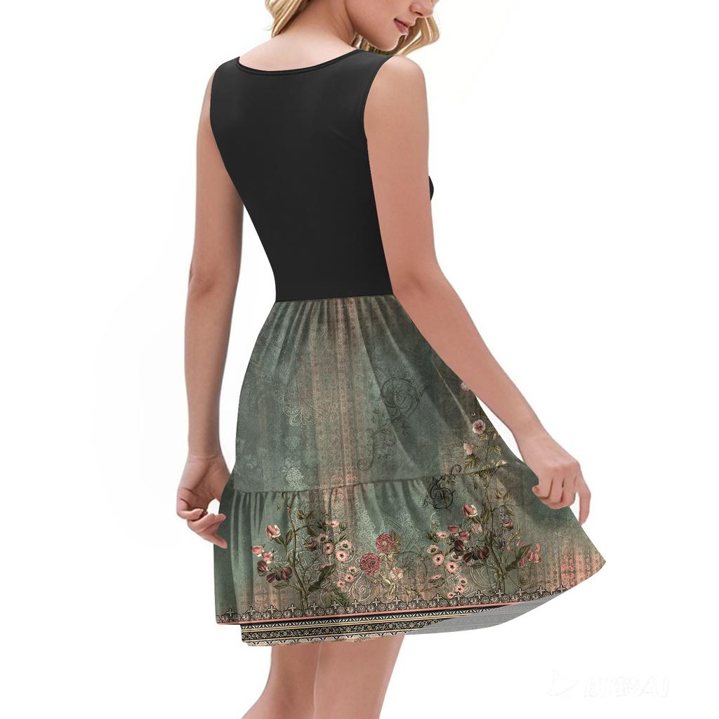 Women's Summer Fashion Casual V-neck Pleated Patchwork Vintage Floral Print Sleeveless Pocket Vest Dress