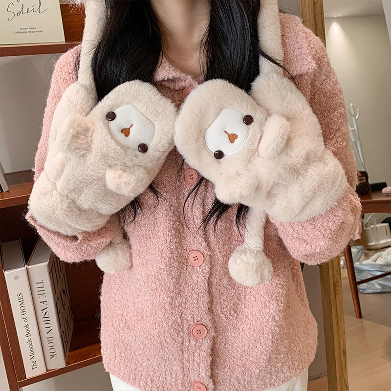 New Winter Cute Cartoon Bear Thickened Gloves Riding Student Ear Protection Plush Hat for Women Warmth Lei Feng Hat