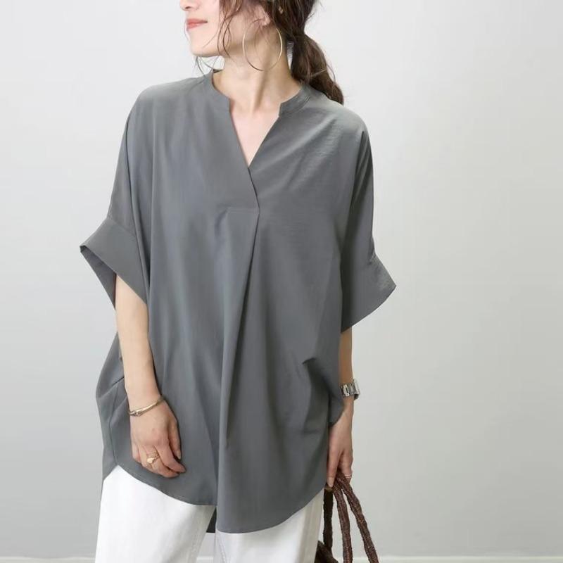 Japanese Style Summer V Neck Loose Solid Color Shirt 6 Colors